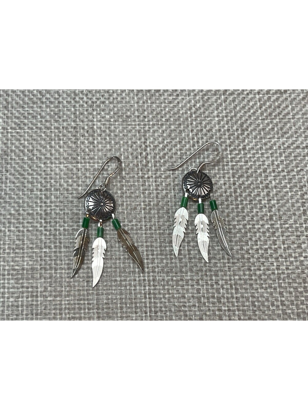 Vintage Sterling Silver Malachite Feather Dangle Earrings Southwestern USA